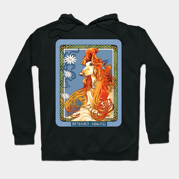 Afghan Hound. Daisies. Mucha/Watson. From an Alphonse Mucha illustration. Blue. Hoodie by chepea2